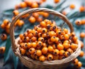 Ripe appetizing sea Ã¢â¬â¹Ã¢â¬â¹Ã¢â¬â¹Ã¢â¬â¹buckthorn berries in an overflowing basket, AI